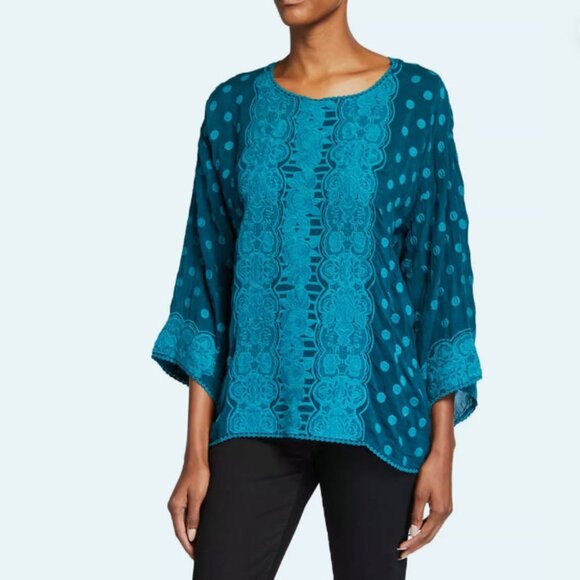 Johnny Was Analusia Embroidered Tunic Top Emerald Green Polka Dot Size S - Picture 1 of 10